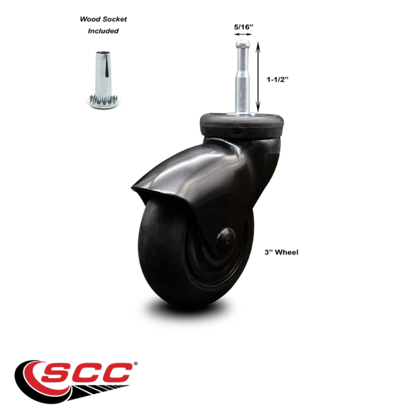 Service Caster 3 Inch Black Hooded Neoprene Rubber 5/16 Inch Grip Neck Stem Caster SCC SCC-GN03S310-NPRB-BK